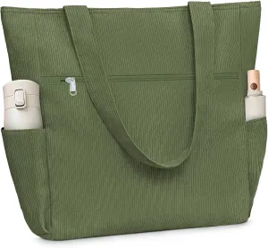 Buringer Corduroy Tote Bag for Women Large Shoulder Bag with Zipper and Pockets for Travel Gym Vacation