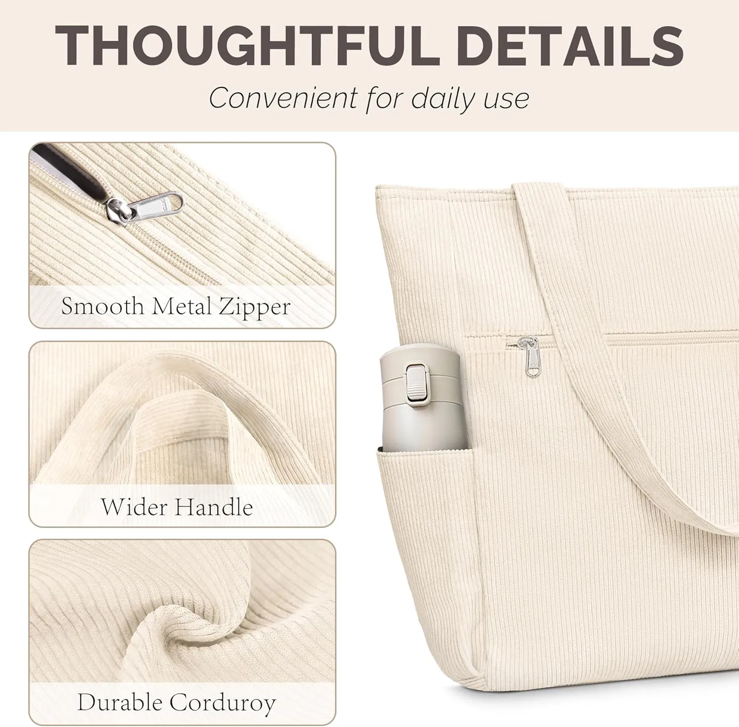 Buringer Corduroy Tote Bag for Women Large Shoulder Bag with Zipper and Pockets for Travel Gym Vacation
