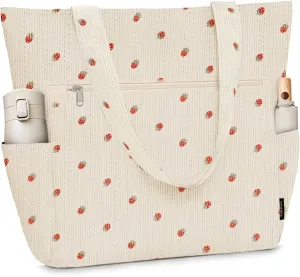 Buringer Corduroy Tote Bag for Women Large Shoulder Bag with Zipper and Pockets for Travel Gym Vacation