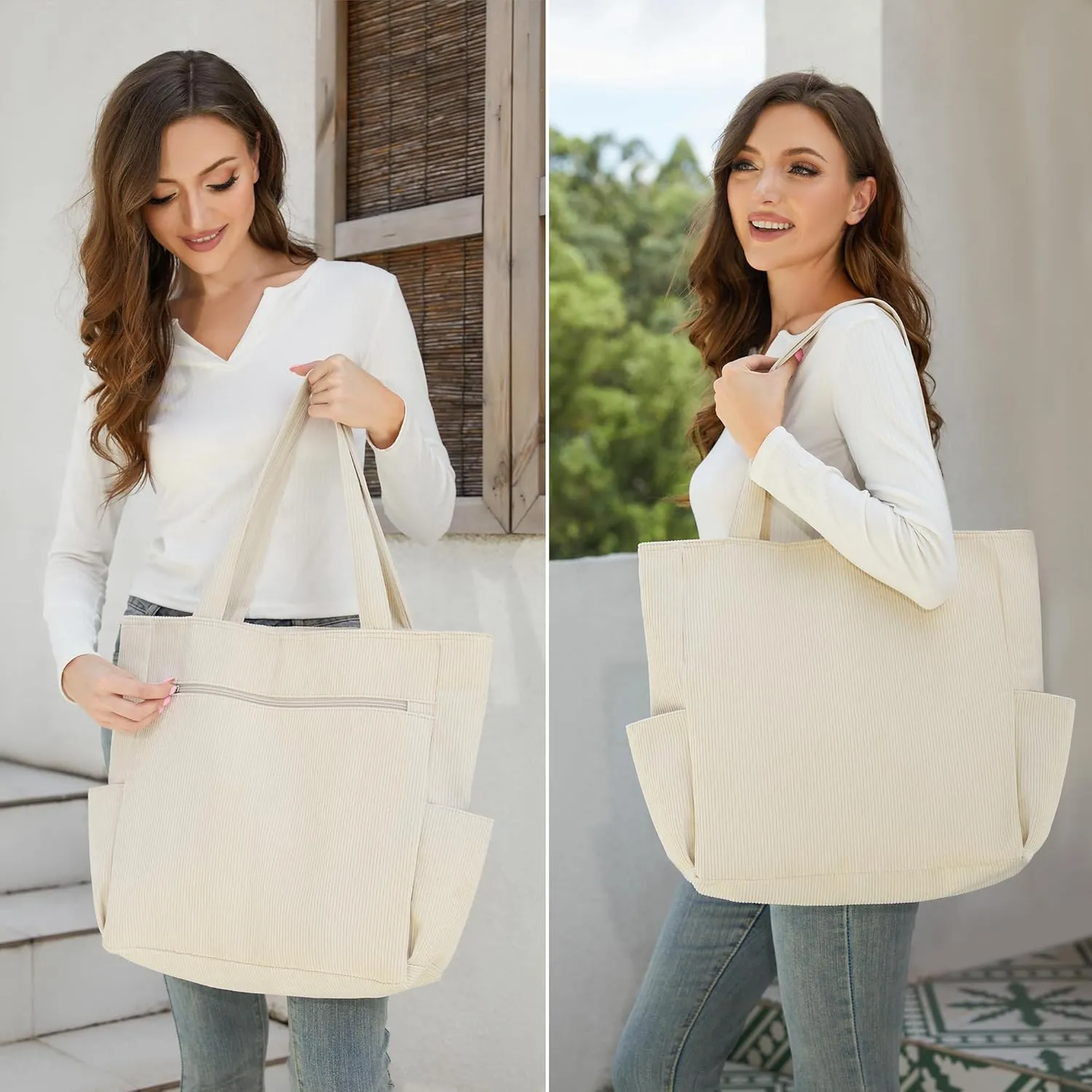 Buringer Corduroy Tote Bag for Women Large Shoulder Bag with Zipper and Pockets for Travel Gym Vacation