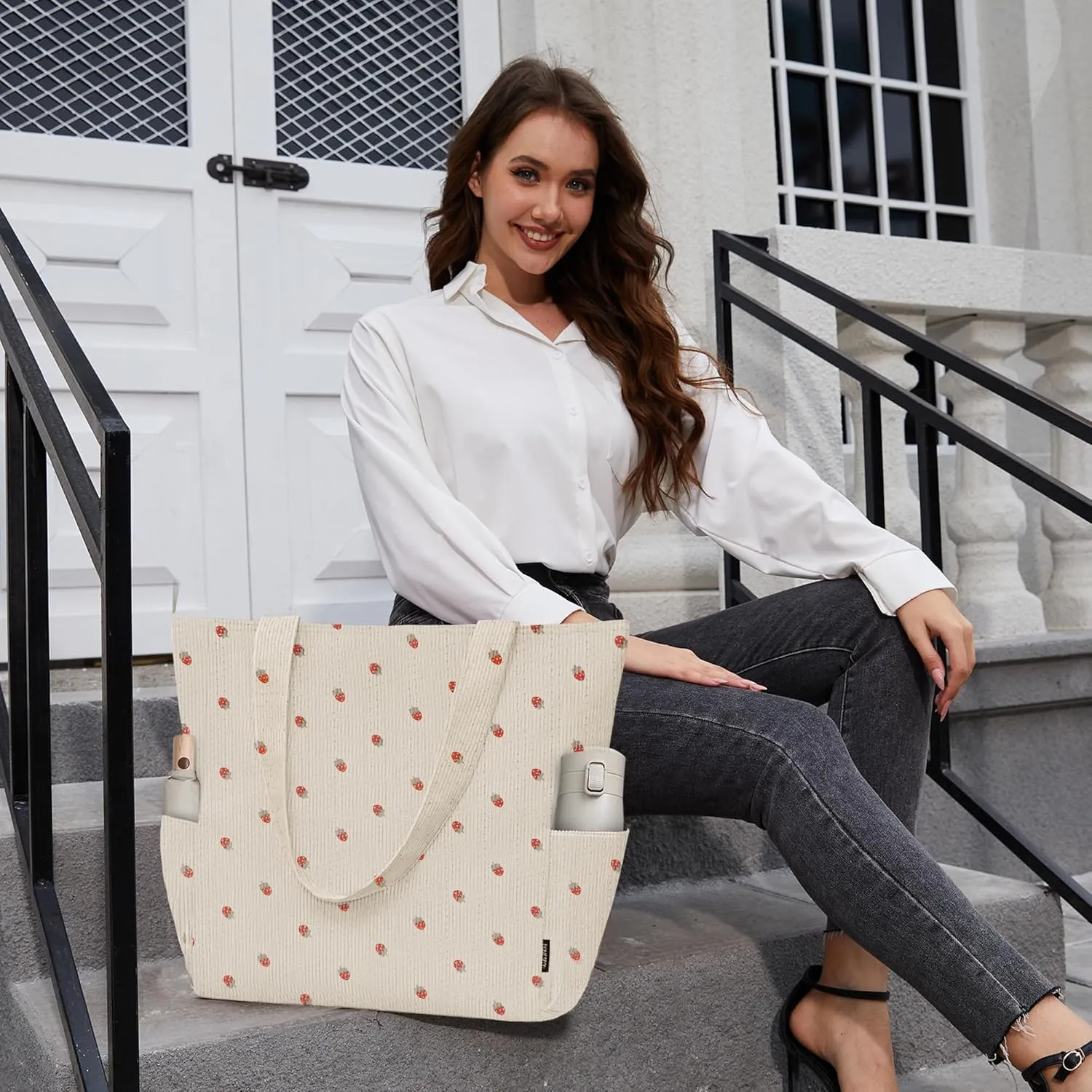 Buringer Corduroy Tote Bag for Women Large Shoulder Bag with Zipper and Pockets for Travel Gym Vacation