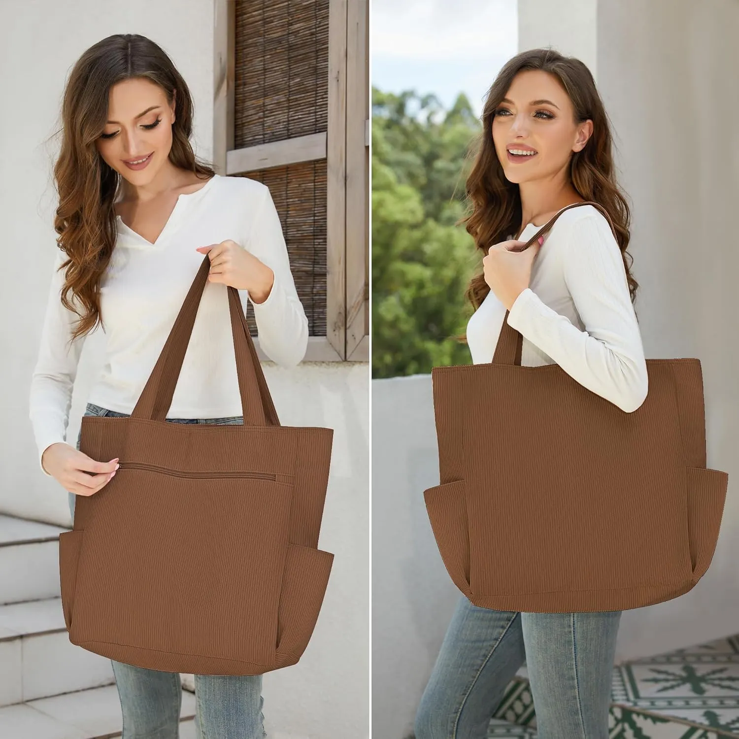 Buringer Corduroy Tote Bag for Women Large Shoulder Bag with Zipper and Pockets for Travel Gym Vacation