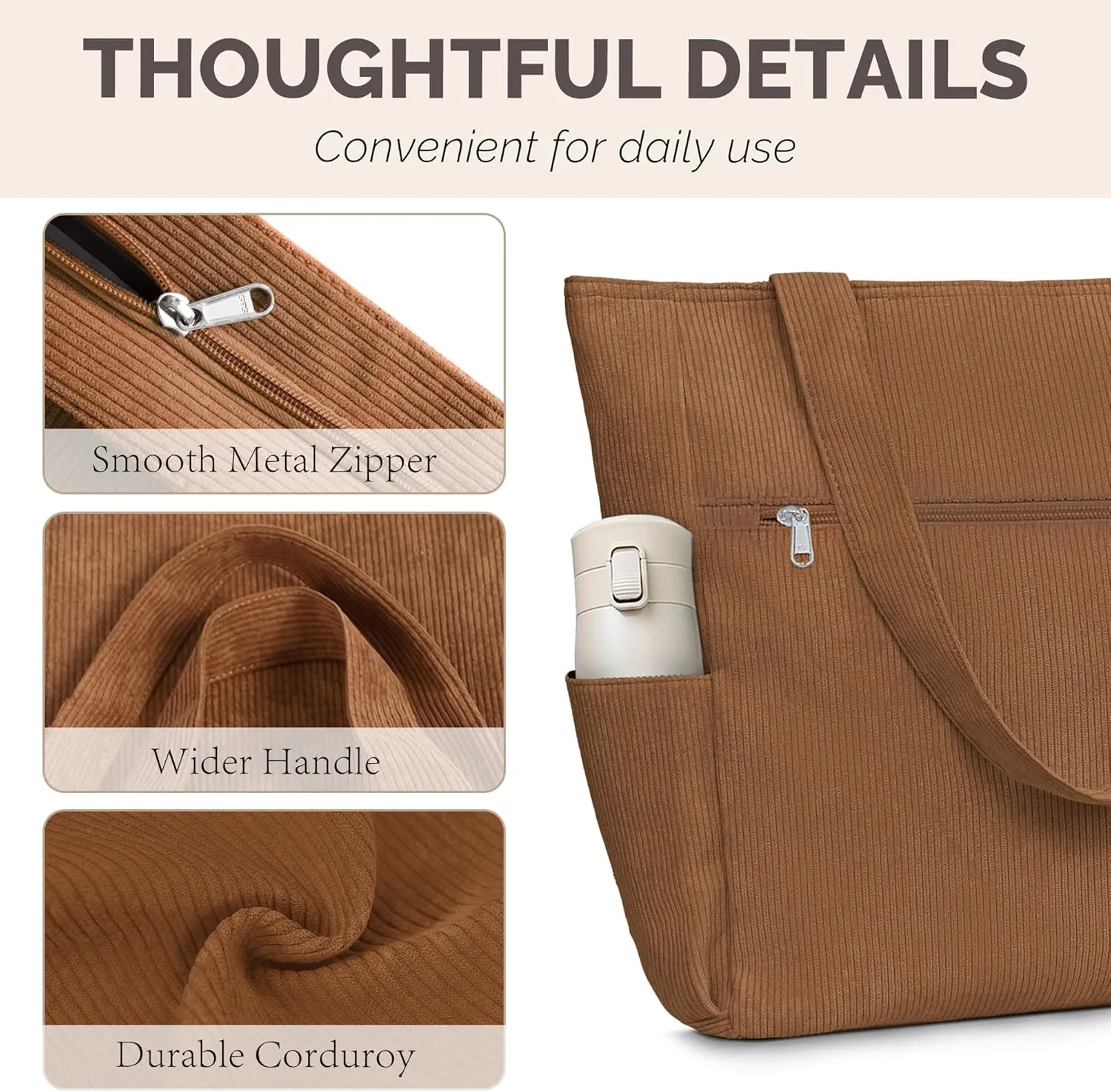 Buringer Corduroy Tote Bag for Women Large Shoulder Bag with Zipper and Pockets for Travel Gym Vacation