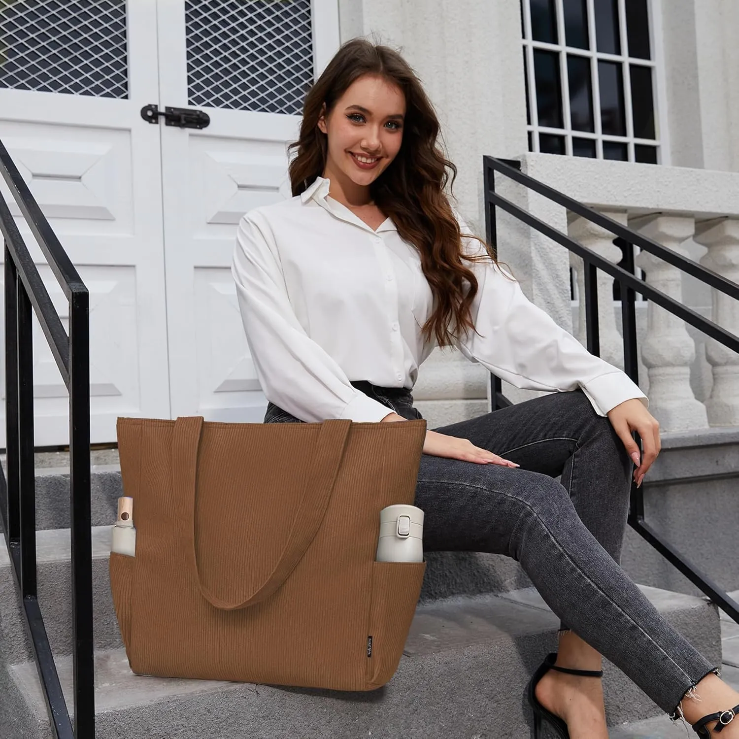 Buringer Corduroy Tote Bag for Women Large Shoulder Bag with Zipper and Pockets for Travel Gym Vacation