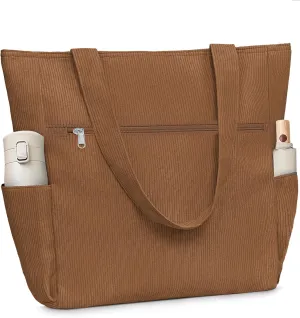 Buringer Corduroy Tote Bag for Women Large Shoulder Bag with Zipper and Pockets for Travel Gym Vacation