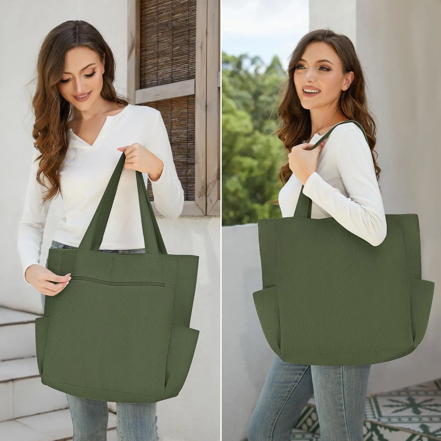Buringer Corduroy Tote Bag for Women Large Shoulder Bag with Zipper and Pockets for Travel Gym Vacation
