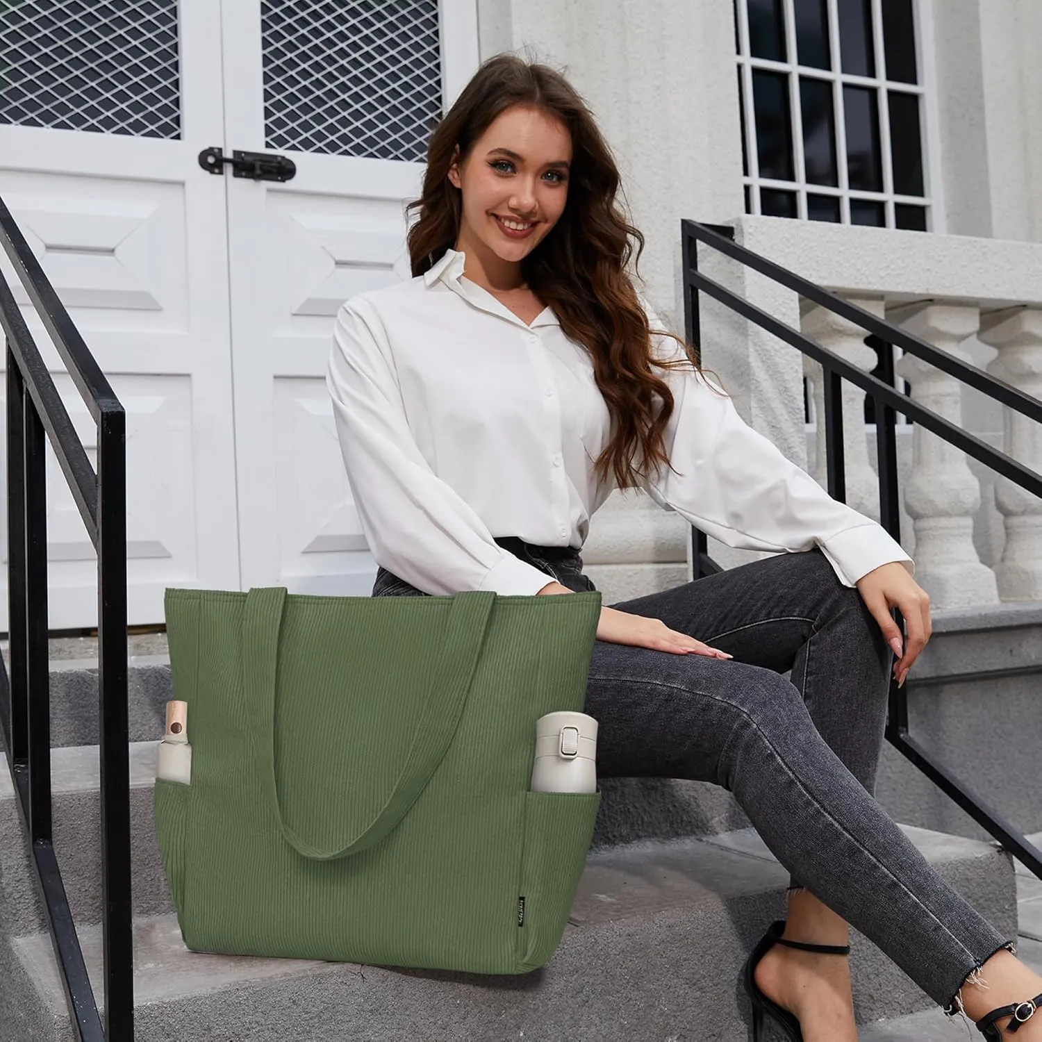 Buringer Corduroy Tote Bag for Women Large Shoulder Bag with Zipper and Pockets for Travel Gym Vacation