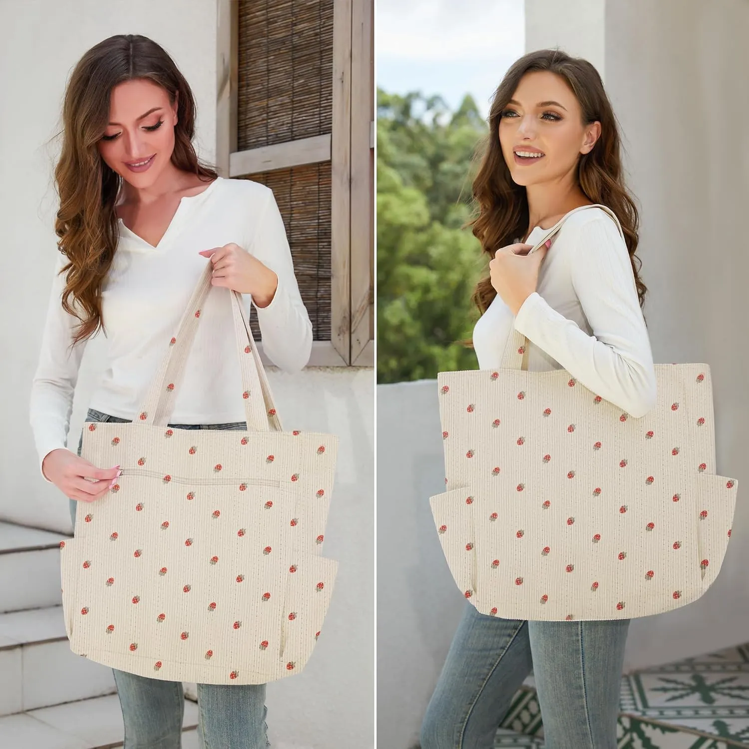 Buringer Corduroy Tote Bag for Women Large Shoulder Bag with Zipper and Pockets for Travel Gym Vacation