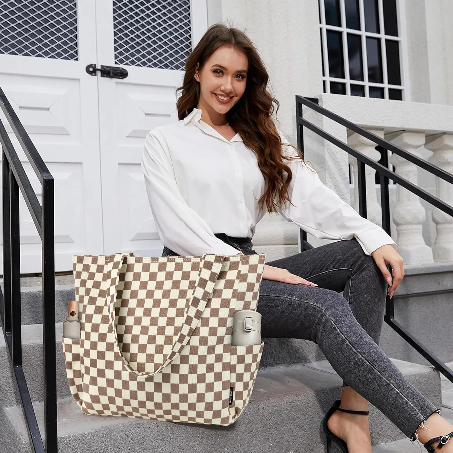 Buringer Corduroy Tote Bag for Women Large Shoulder Bag with Zipper and Pockets for Travel Gym Vacation