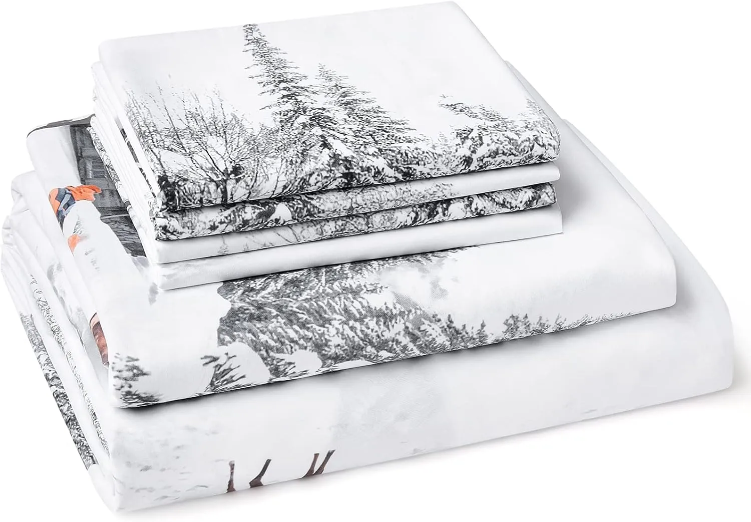 BYSURE Cabin Printed Sheets 6 Pieces Set (Queen Size, Winter Cabin), Microfiber 15 inch Deep Pocket Bedding, Wrinkle & Fade Resistant Cottage Pattern Bedding