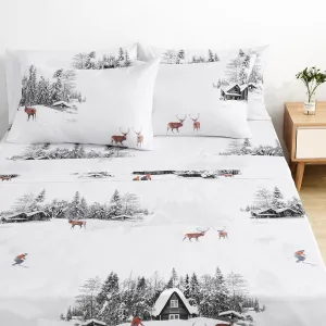 BYSURE Cabin Printed Sheets 6 Pieces Set (Queen Size, Winter Cabin), Microfiber 15 inch Deep Pocket Bedding, Wrinkle & Fade Resistant Cottage Pattern Bedding