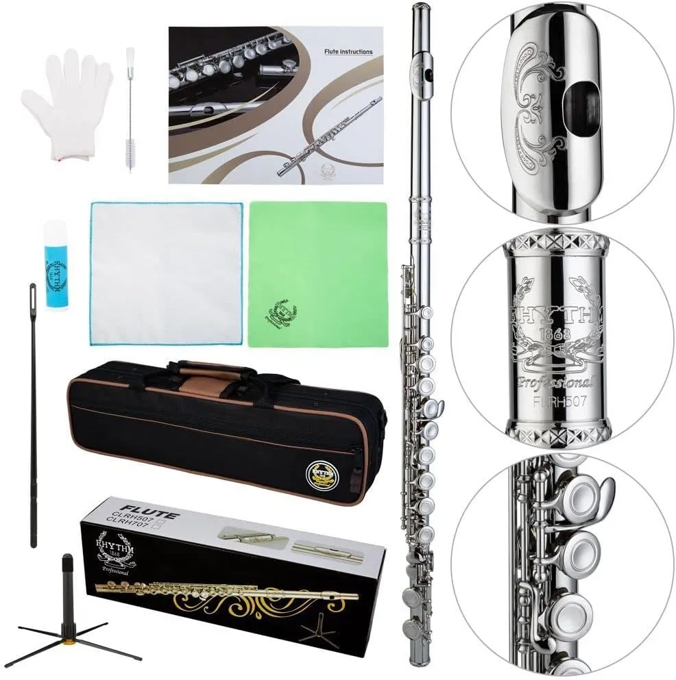C Flutes with Engraved Flower Closed Hole 16 Keys Flute For Student, Beginner with Stand, Carrying Case,Cleaning Kit, Gloves, Tuning Rod, Nickel