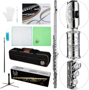 C Flutes with Engraved Flower Closed Hole 16 Keys Flute For Student, Beginner with Stand, Carrying Case,Cleaning Kit, Gloves, Tuning Rod, Nickel
