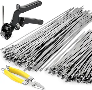 Cable Tie Gun Kit, Specialized Tool For Tightening And Cutting Stainless Steel Cable Ties, Comes With 200 Pcs Of Uv-Resistant Heavy-Duty Metal zip Ties And Industrial Scissors.