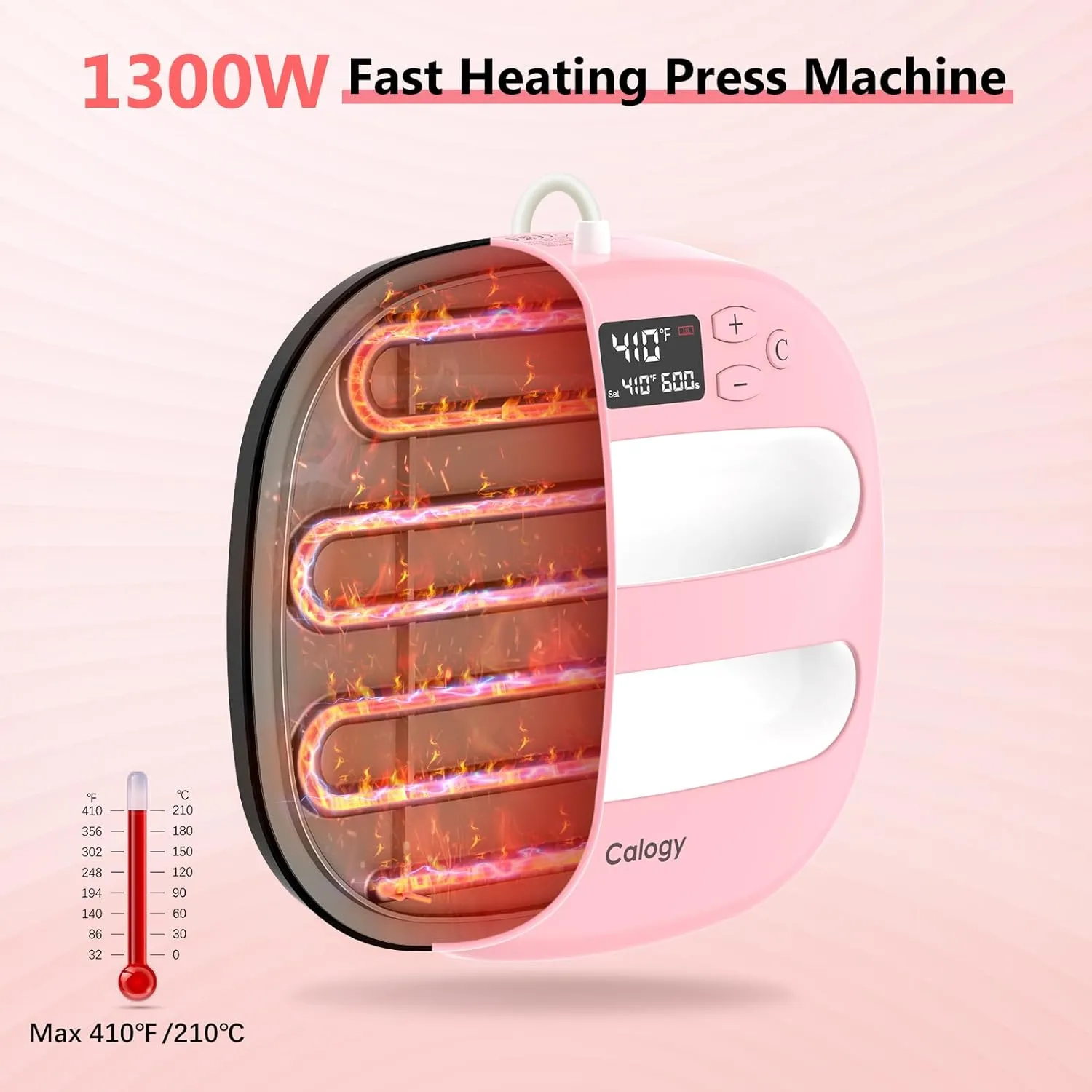 Calogy Heat Press Machine for T-Shirts 10"X10", Portable Heat Press Fast Up to 410℉(210 ºC), Precise Temp Control, 15 Mins Auto Off for Bag, Pillows Sublimation Vinly Transfer (Pink White-10 * 10IN)