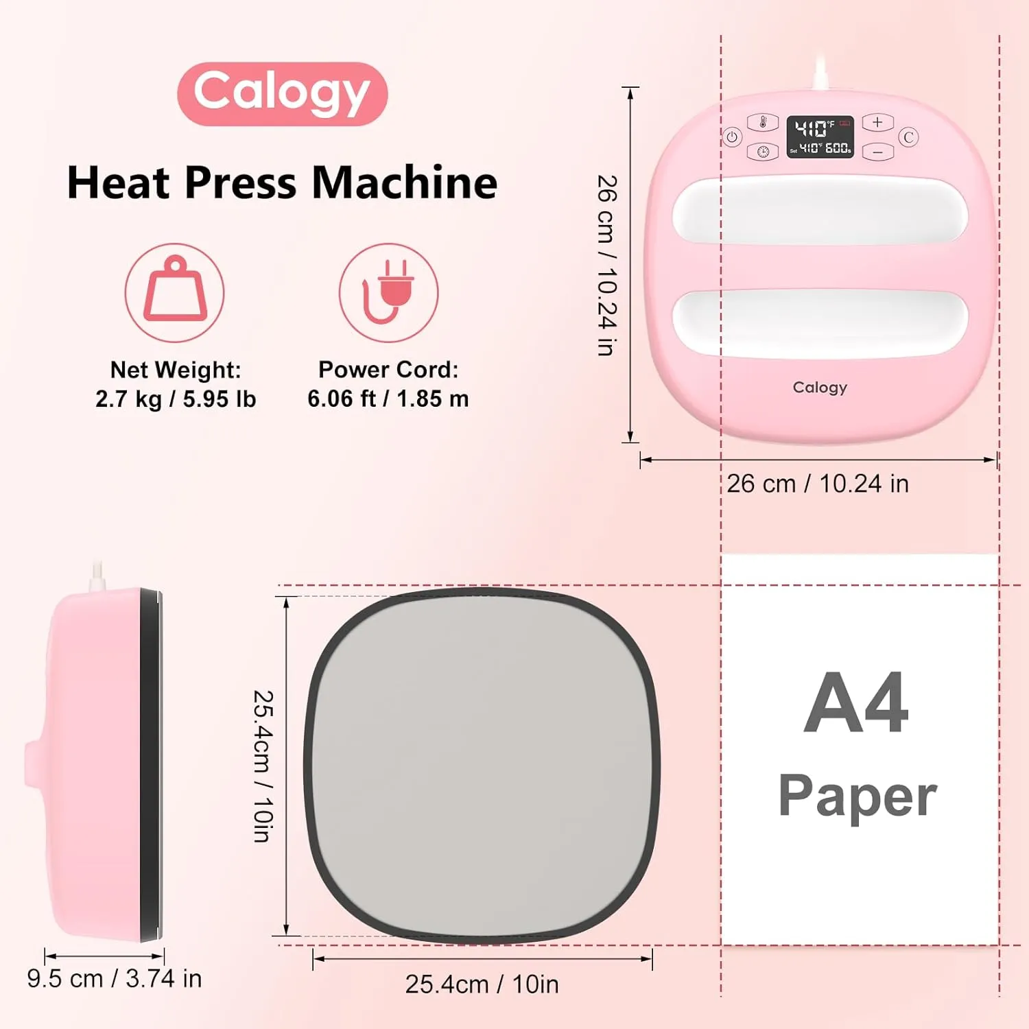Calogy Heat Press Machine for T-Shirts 10"X10", Portable Heat Press Fast Up to 410℉(210 ºC), Precise Temp Control, 15 Mins Auto Off for Bag, Pillows Sublimation Vinly Transfer (Pink White-10 * 10IN)
