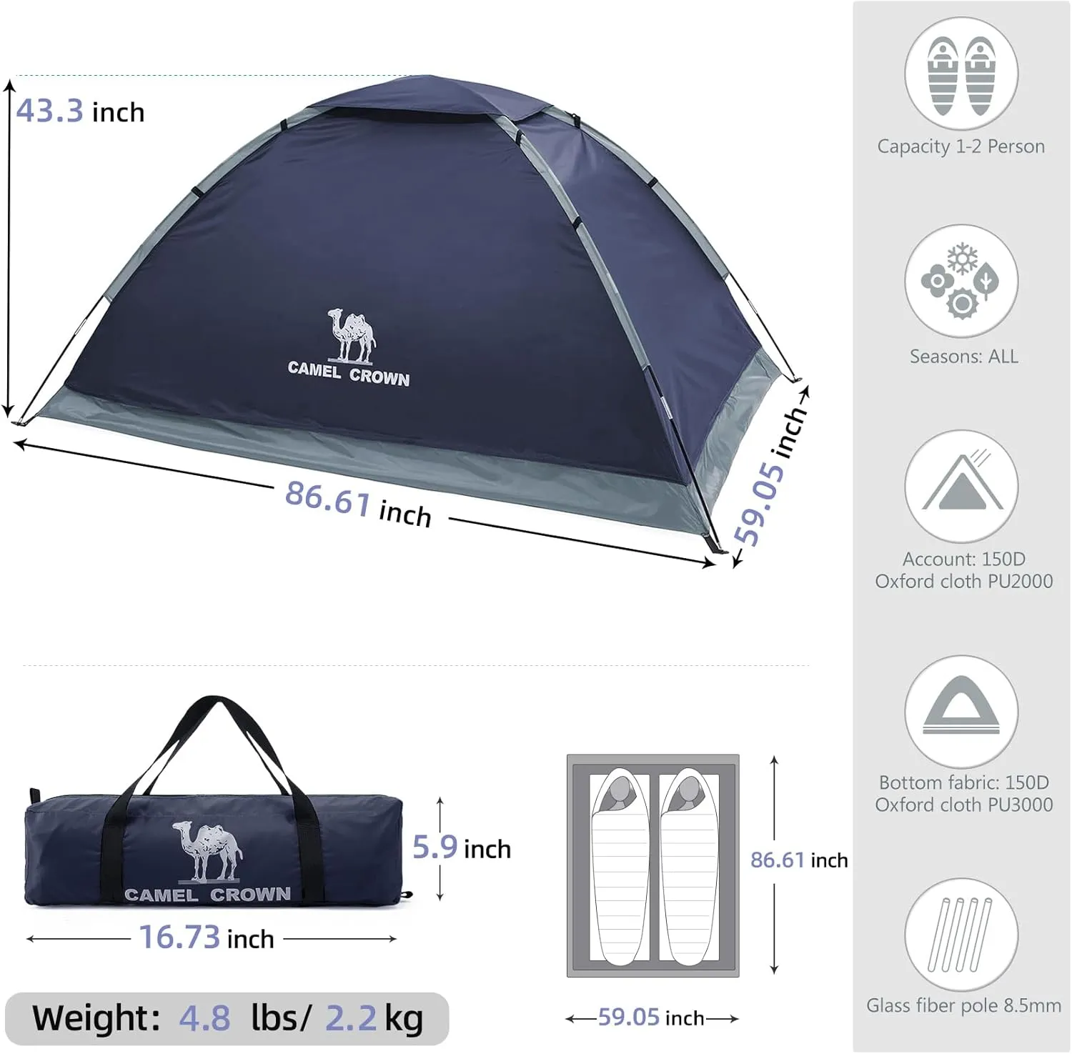 CAMEL CROWN 2/3/4 Person Camping Tent with Removable Rain Fly, Easy Setup Outdoor Tents Water Resistant Lightweight Portable for Family Backpacking Camping Hiking Traveling