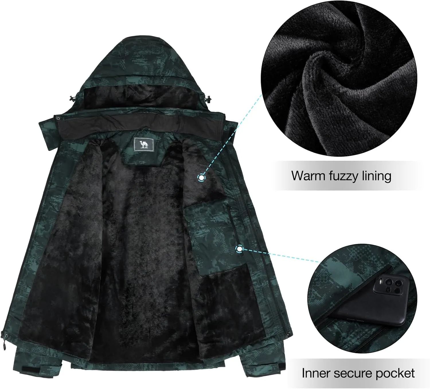 CAMEL CROWN Mens Winter Coat Waterproof Ski Jacket with Fleece Lining Warm Windproof for Snow Rain Outdoor Hiking Mountain