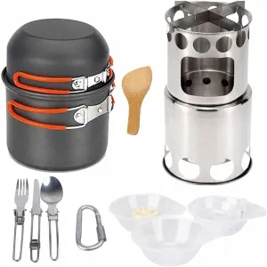 Camping Stove Outdoor Cookware Mess Kit Outdoor Folding Wood Stove Camping Pot Set Bowls Spoon Tableware Cooking Set (Color : A) (B)