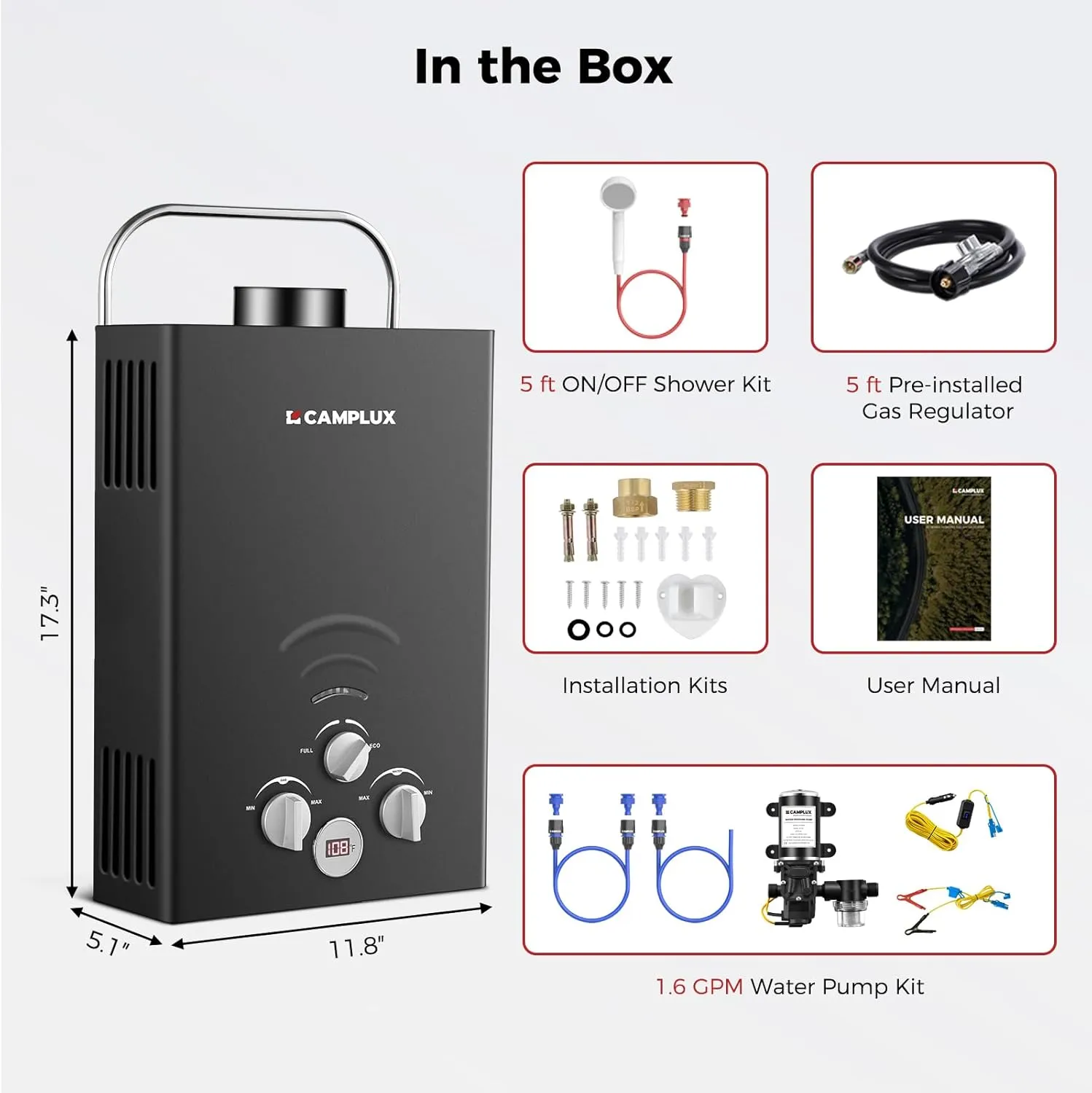 CAMPLUX Portable Water Heater,1.58 GPM Propane Water Heater Outdoor,41,000 BTU Camping Water Heater with 1.6 GPM Water Pump Pack，BW158GP60, Black