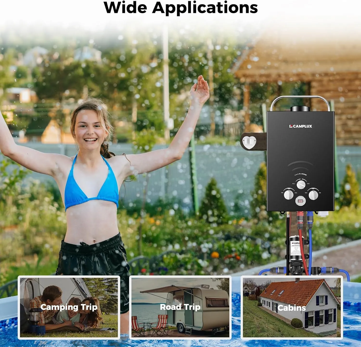 CAMPLUX Portable Water Heater,1.58 GPM Propane Water Heater Outdoor,41,000 BTU Camping Water Heater with 1.6 GPM Water Pump Pack，BW158GP60, Black