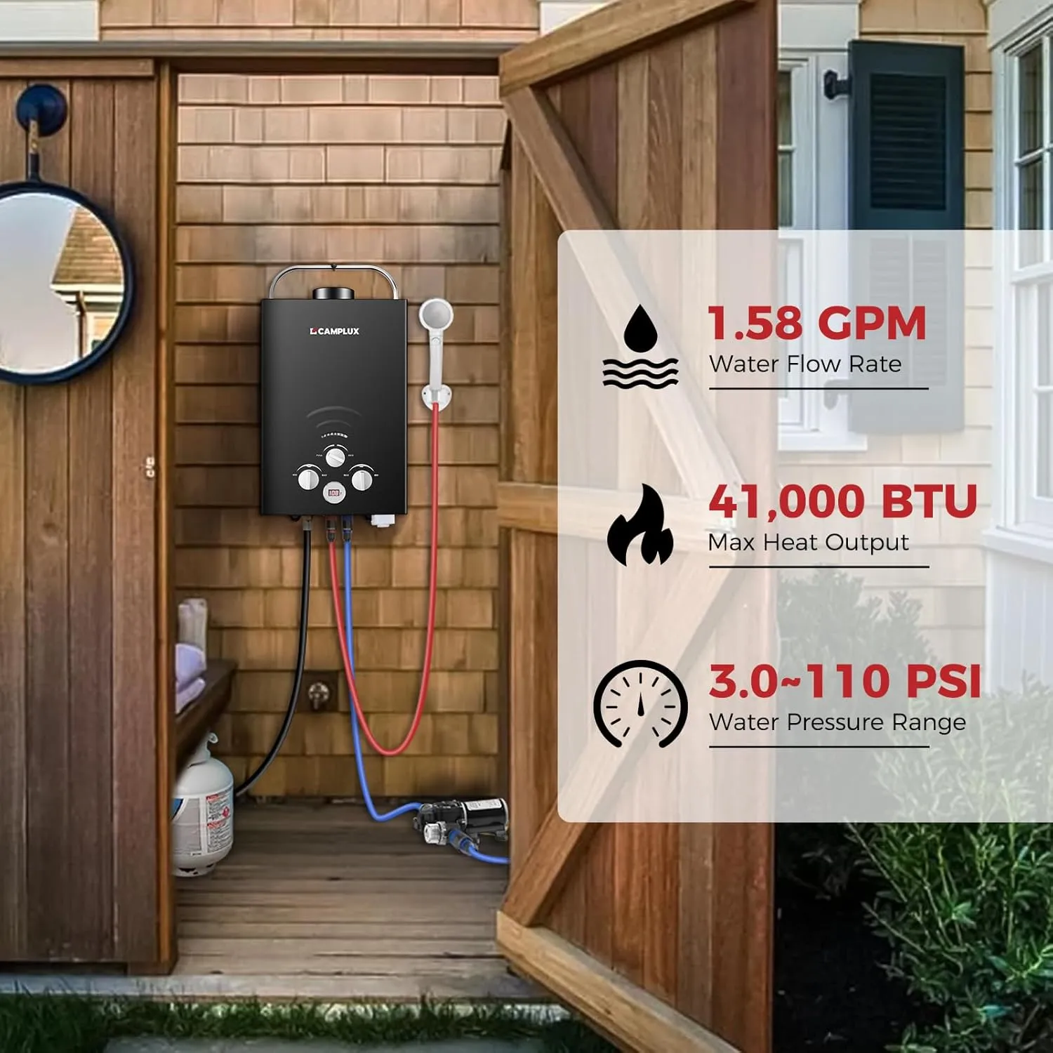 CAMPLUX Portable Water Heater,1.58 GPM Propane Water Heater Outdoor,41,000 BTU Camping Water Heater with 1.6 GPM Water Pump Pack，BW158GP60, Black