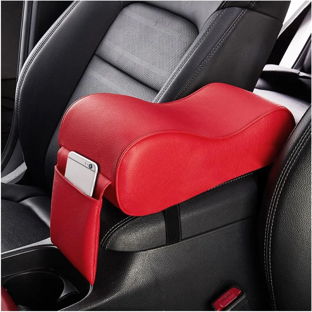 Car Center Console Cover, Soft Memory Foam Auto Arm Rest Pillow with Phone Holder Storage Bag, Waterproof Leather Armrest Seat Box Protector Comfy Cushion Pad for Most Cars (Red)
