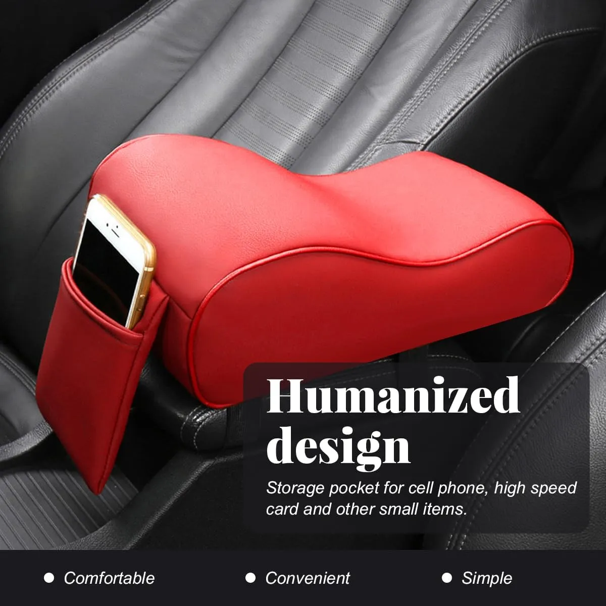 Car Center Console Cover, Soft Memory Foam Auto Arm Rest Pillow with Phone Holder Storage Bag, Waterproof Leather Armrest Seat Box Protector Comfy Cushion Pad for Most Cars (Red)