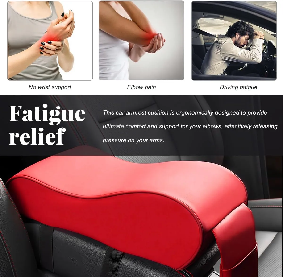 Car Center Console Cover, Soft Memory Foam Auto Arm Rest Pillow with Phone Holder Storage Bag, Waterproof Leather Armrest Seat Box Protector Comfy Cushion Pad for Most Cars (Red)