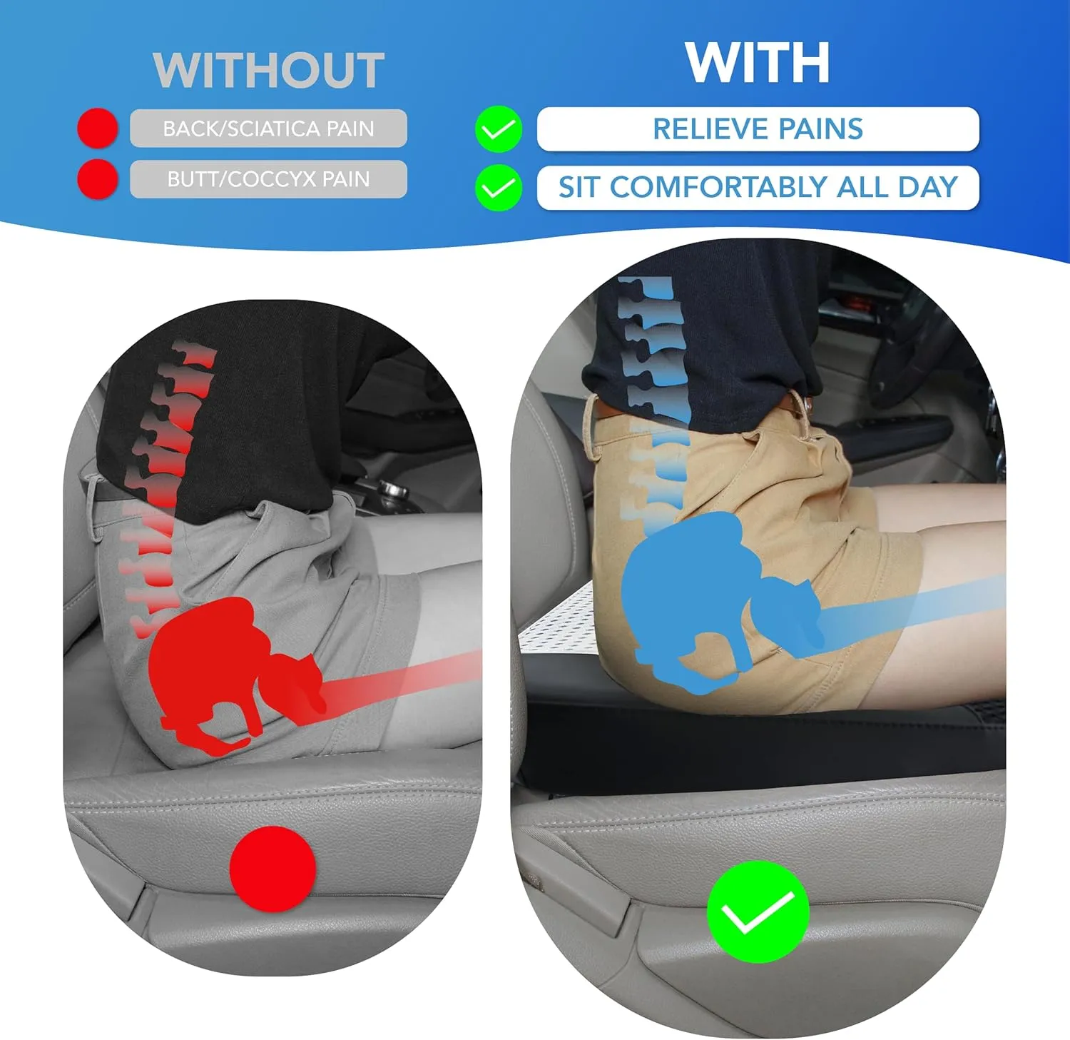 Car Seat Cushion: Comfortable Memory Foam Car Seat Cushion for Driving - for Sciatica-Tailobone Pain Relief - Seat Cushion for Car-Truck, Office, Wheelchair - Black&Gray