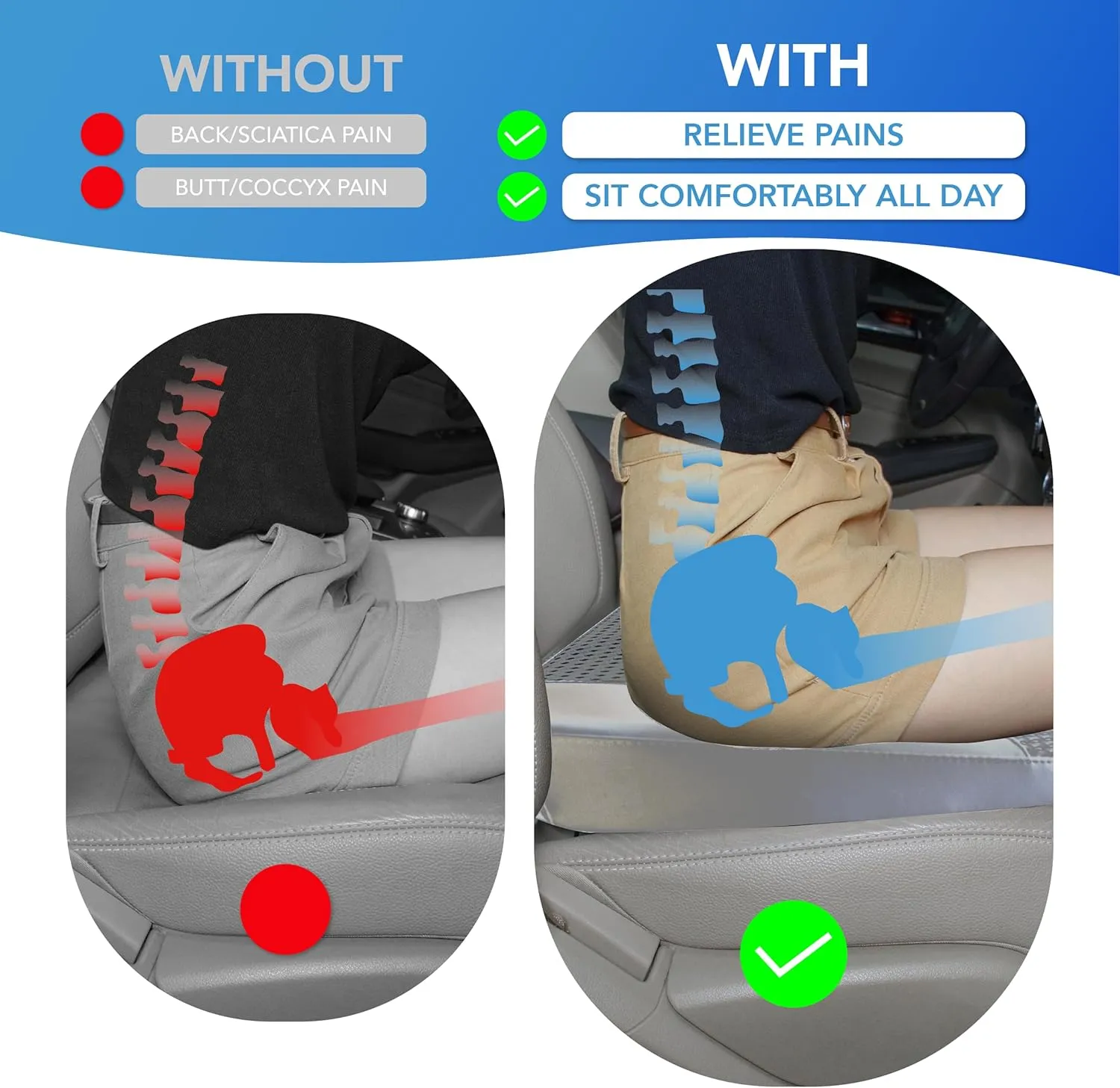 Car Seat Cushion, Comfortable Memory Foam Seat Pillow for Driving, Sciatica-Back Pain Relief, Cushion for Car-Truck, Office, Wheelchair - Dark Grey
