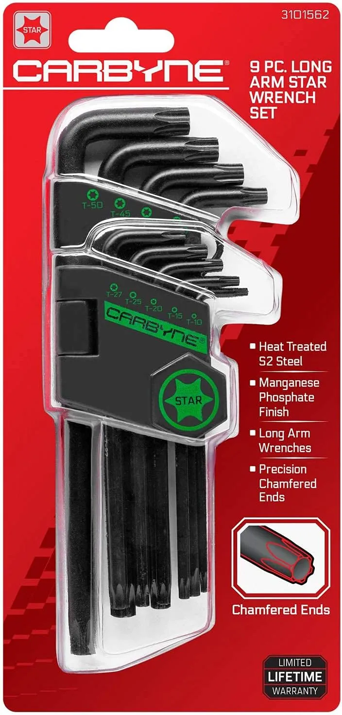 Carbyne 9-Piece Long Arm Torx Wrench Set (Torx Key Set/Star Wrench Set). Includes T-10 to T-50. Heat Treated S2 Steel