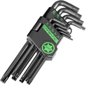 Carbyne 9-Piece Long Arm Torx Wrench Set (Torx Key Set/Star Wrench Set). Includes T-10 to T-50. Heat Treated S2 Steel