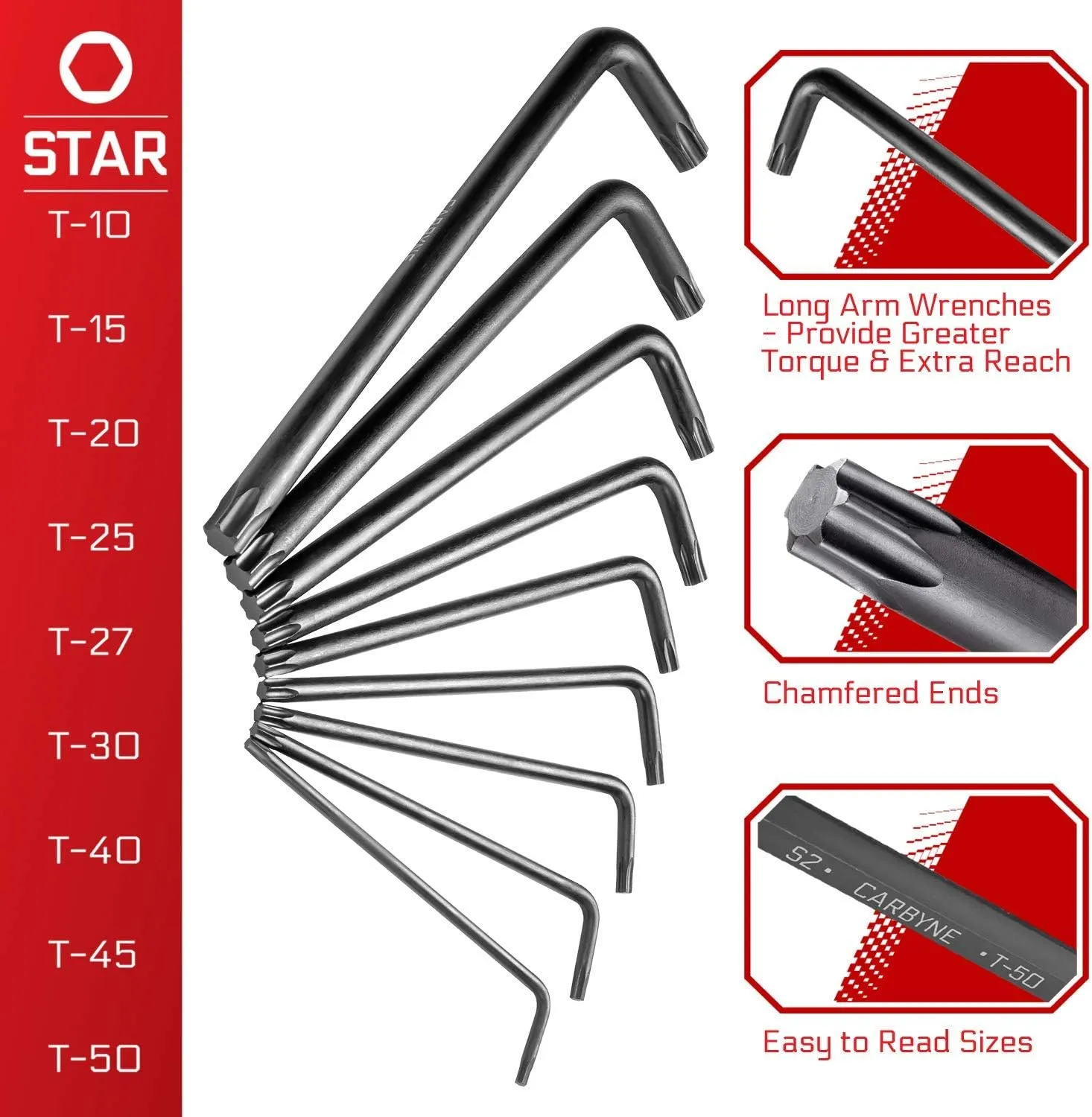 Carbyne 9-Piece Long Arm Torx Wrench Set (Torx Key Set/Star Wrench Set). Includes T-10 to T-50. Heat Treated S2 Steel