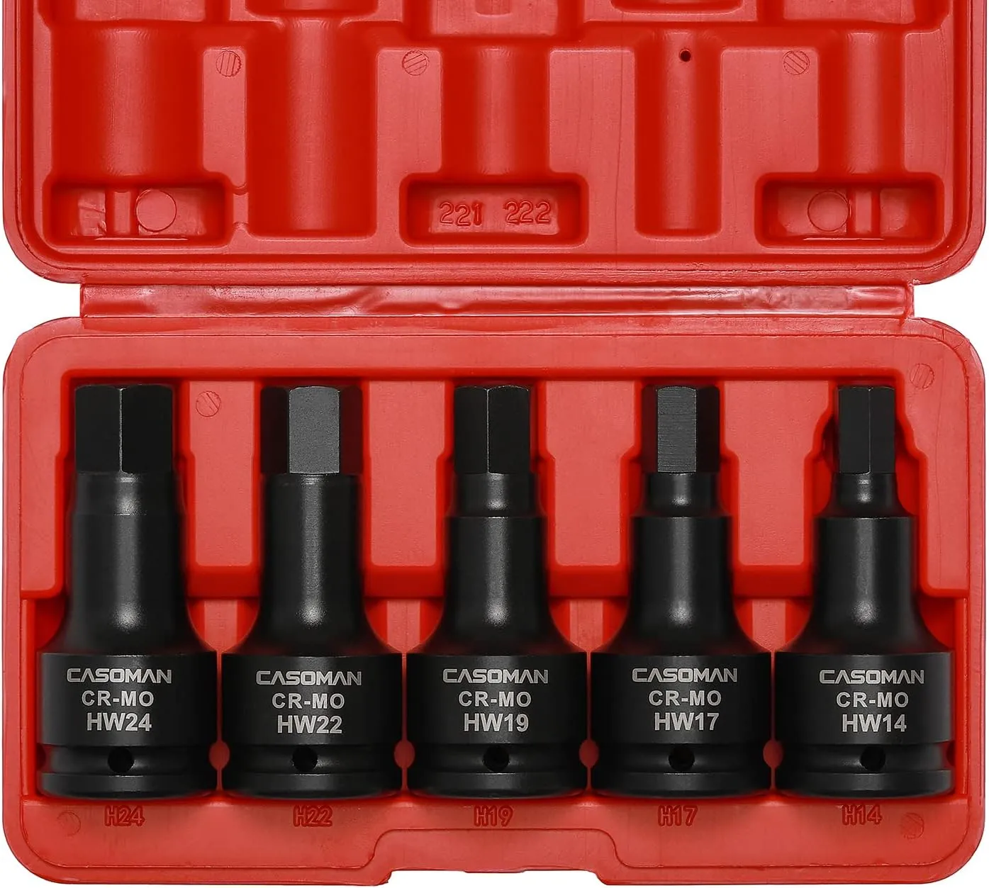 CASOMAN 3/4 Inch Drive Impact Hex Driver Set, 5-Pieces, Metric, 14mm, 17mm, 19mm, 22mm, 24mm, 3/4" Drive Master Impact Hex Bit Set, CR-MO, Impact Grade, One-Piece Construction