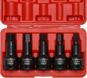 CASOMAN 3/4 Inch Drive Impact Hex Driver Set, 5-Pieces, Metric, 14mm, 17mm, 19mm, 22mm, 24mm, 3/4" Drive Master Impact Hex Bit Set, CR-MO, Impact Grade, One-Piece Construction