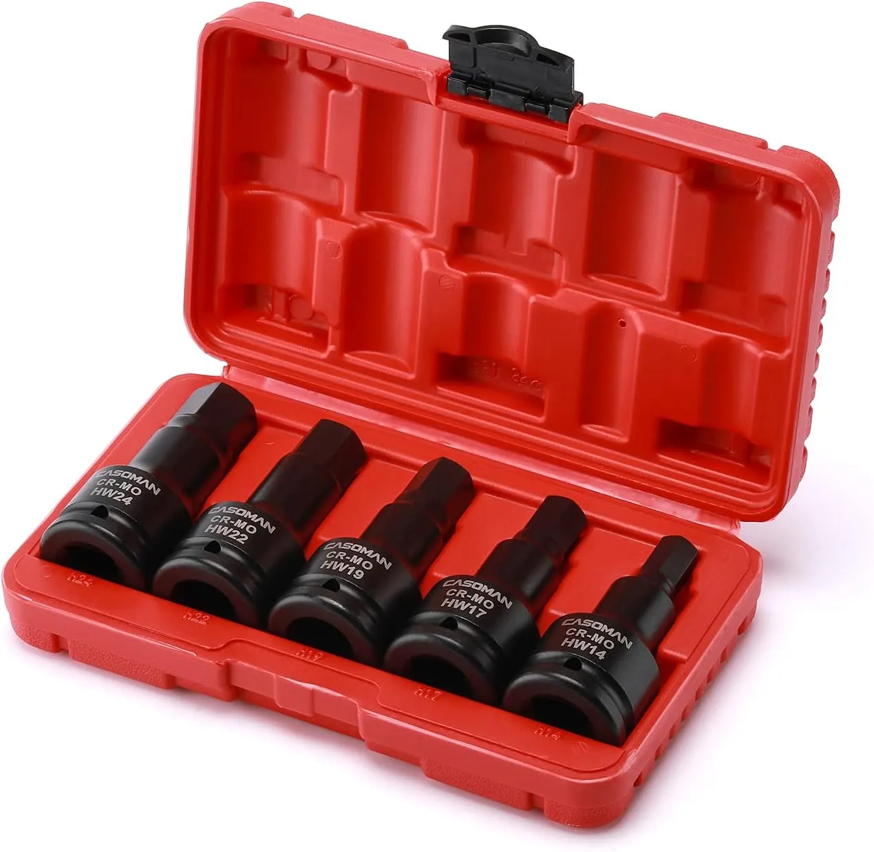 CASOMAN 3/4 Inch Drive Impact Hex Driver Set, 5-Pieces, Metric, 14mm, 17mm, 19mm, 22mm, 24mm, 3/4" Drive Master Impact Hex Bit Set, CR-MO, Impact Grade, One-Piece Construction