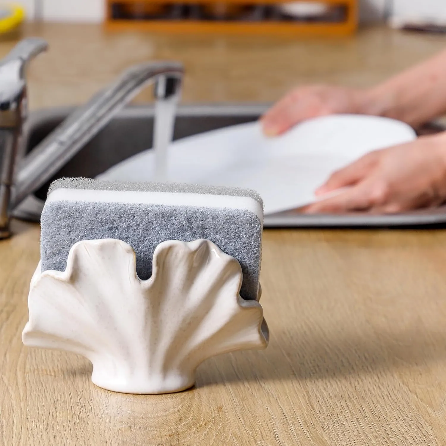 Ceramic Sponge Holder,Sponge Holder for Kitchen Sink,Compact Sink Caddy Organizer-Scouring Pad and Dish Sponge Holder,Farmhouse Kitchen Decor Cute Kitchen Gadgets Accessories(White)
