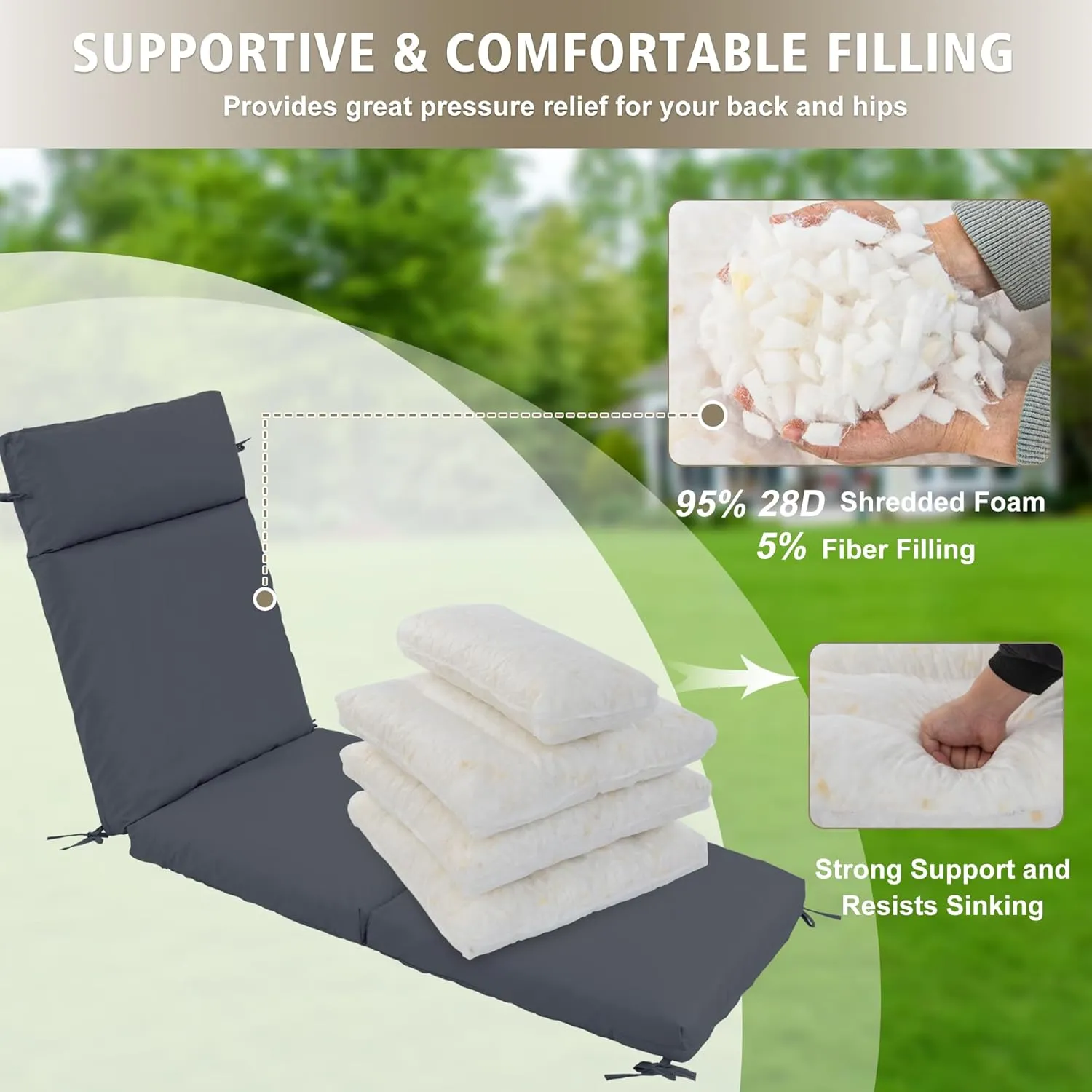 Chaise Lounge Cushion 72x21x3 Inch – Set of 2 Outdoor Lounge Chair Cushions, Lounger Pad Replacement with Fade-Resistant, Removable & Machine-Washable Covers, Ideal for Patio Chaise Chairs, Dark Grey