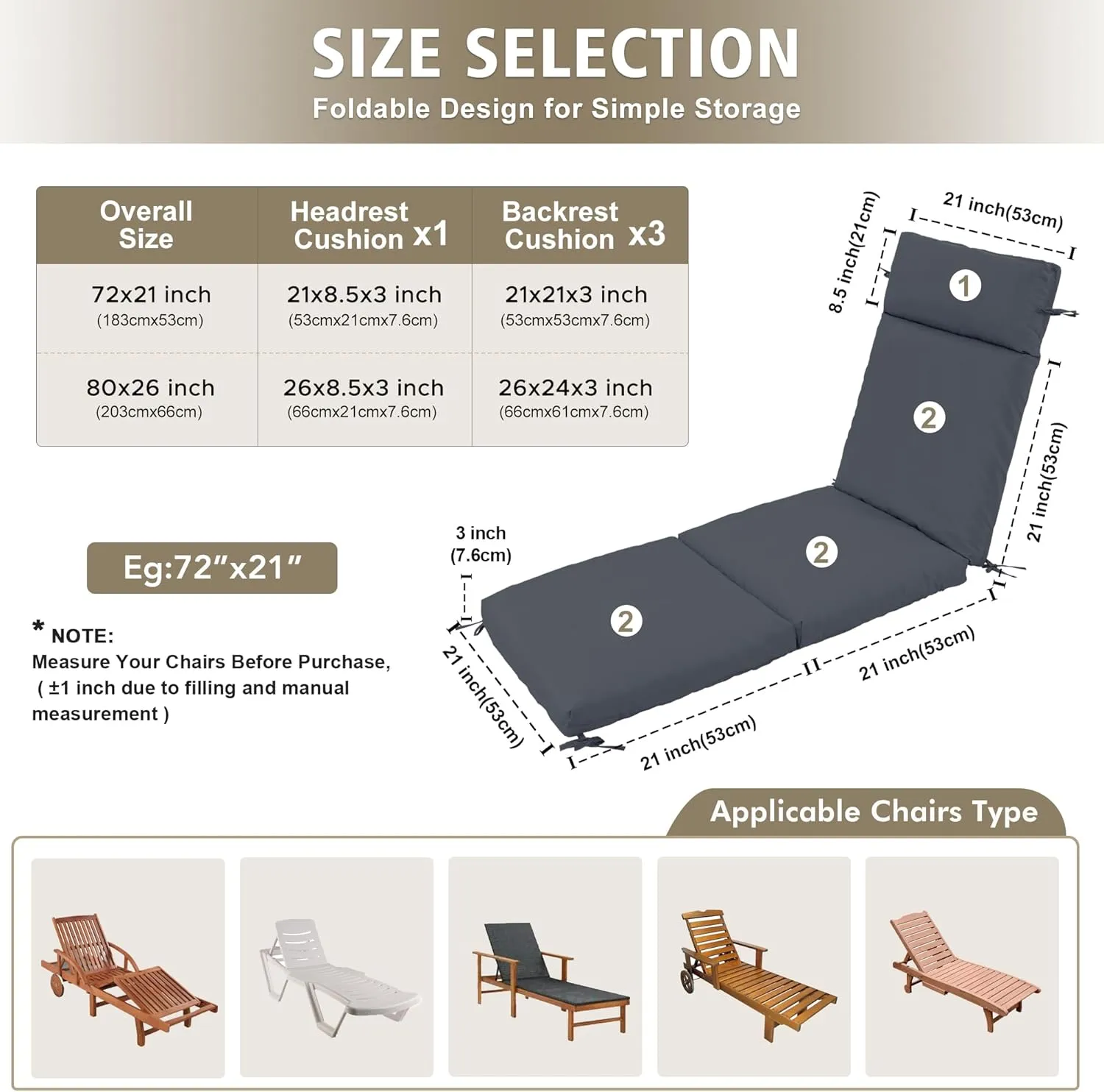 Chaise Lounge Cushion 72x21x3 Inch – Set of 2 Outdoor Lounge Chair Cushions, Lounger Pad Replacement with Fade-Resistant, Removable & Machine-Washable Covers, Ideal for Patio Chaise Chairs, Dark Grey