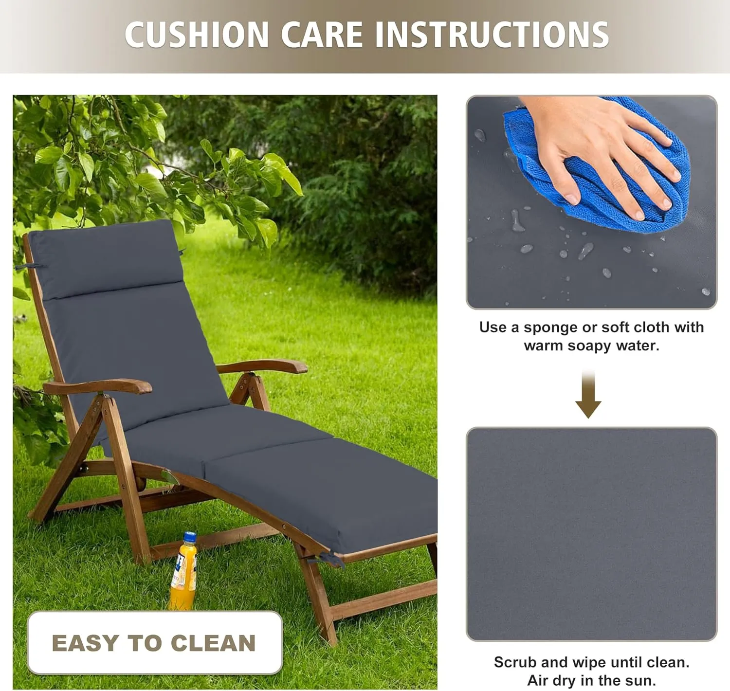 Chaise Lounge Cushion 72x21x3 Inch – Set of 2 Outdoor Lounge Chair Cushions, Lounger Pad Replacement with Fade-Resistant, Removable & Machine-Washable Covers, Ideal for Patio Chaise Chairs, Dark Grey
