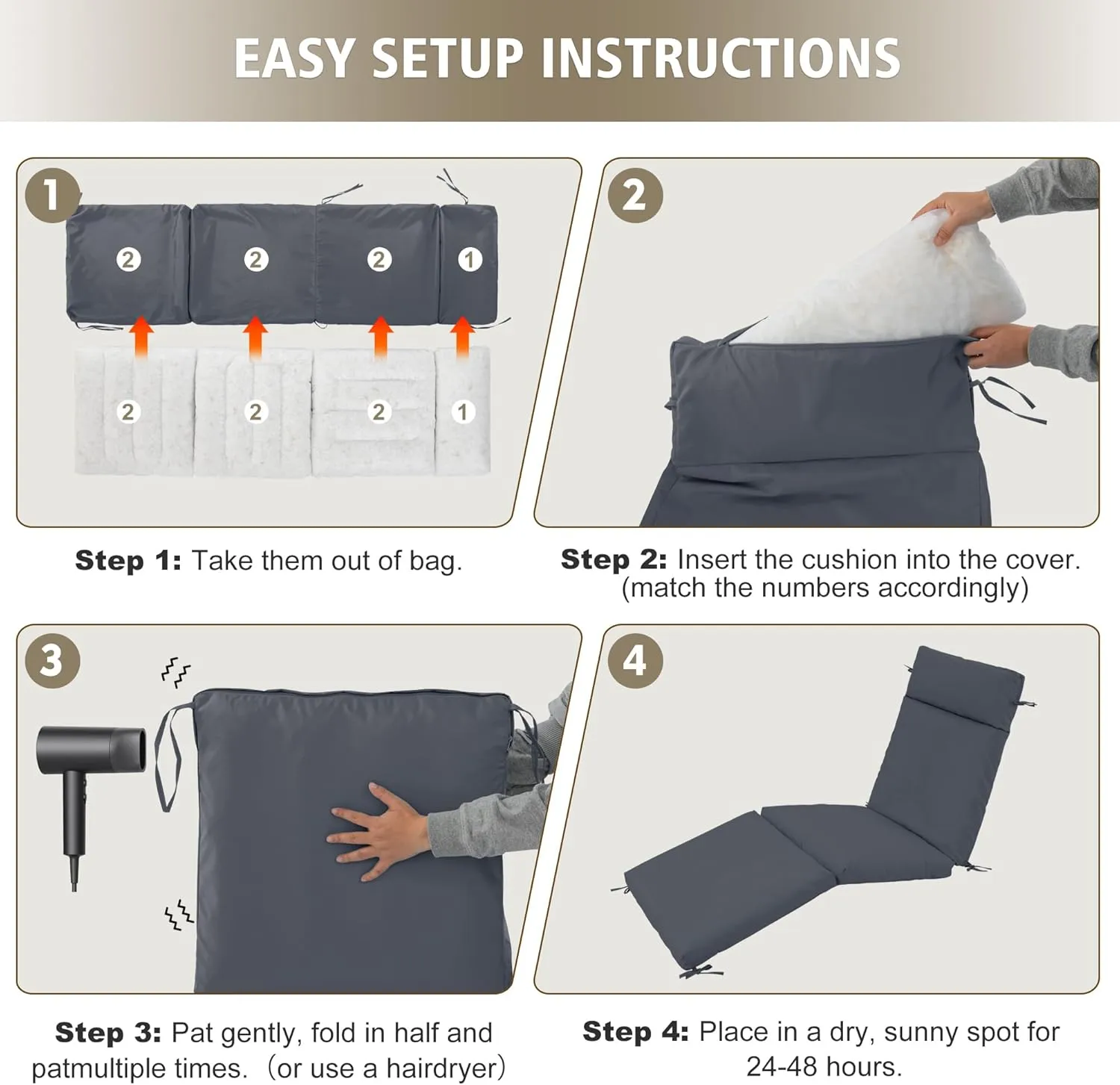 Chaise Lounge Cushion 72x21x3 Inch – Set of 2 Outdoor Lounge Chair Cushions, Lounger Pad Replacement with Fade-Resistant, Removable & Machine-Washable Covers, Ideal for Patio Chaise Chairs, Dark Grey