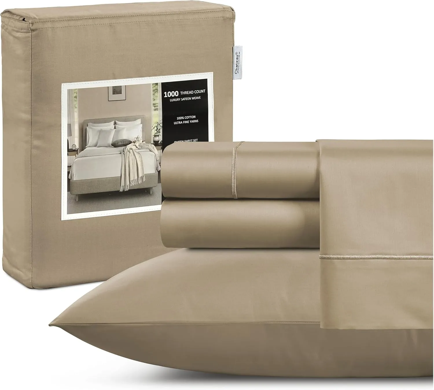 CHATEAU HOME COLLECTION Twin Sheet Set, 1000 Thread Count Sheets Twin Size Cotton, Deep Pocket Twin Sheets Cotton Bedding Sheets & Pillowcases(Upto 17"), 3 Piece Sateen Weave Luxury Bed Sheets, Taupe