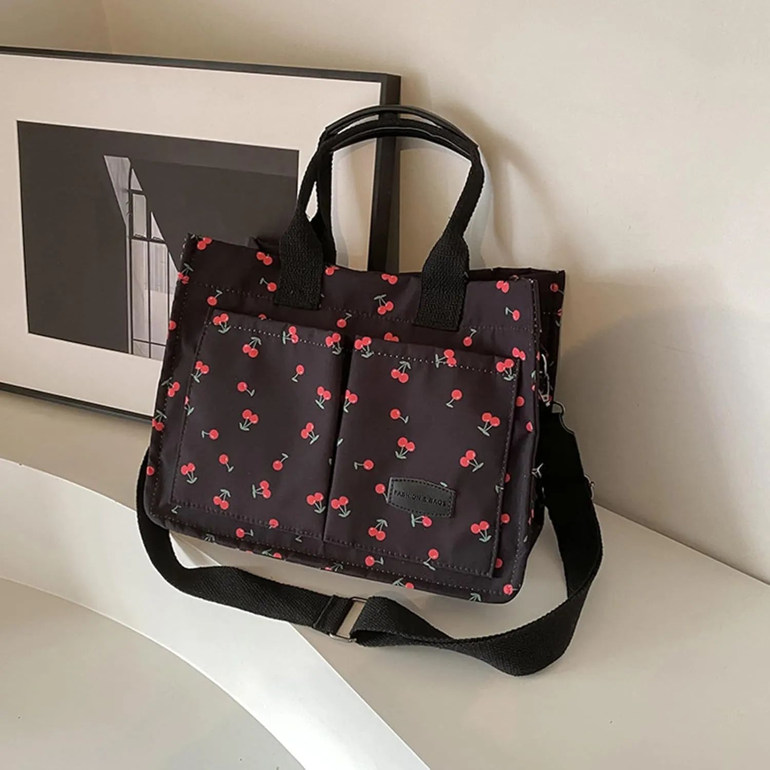 Cherry Tote Bag for Women Canvas Patched Purse Cute Shoulder Bag Multi-Pocket Satchel Handbag for work travel