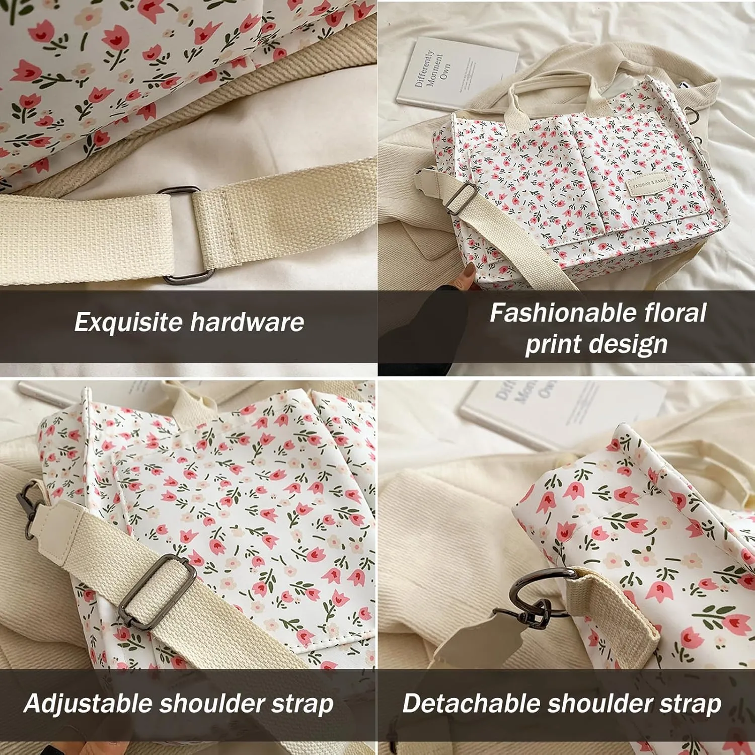 Cherry Tote Bag for Women Canvas Patched Purse Cute Shoulder Bag Multi-Pocket Satchel Handbag for work travel