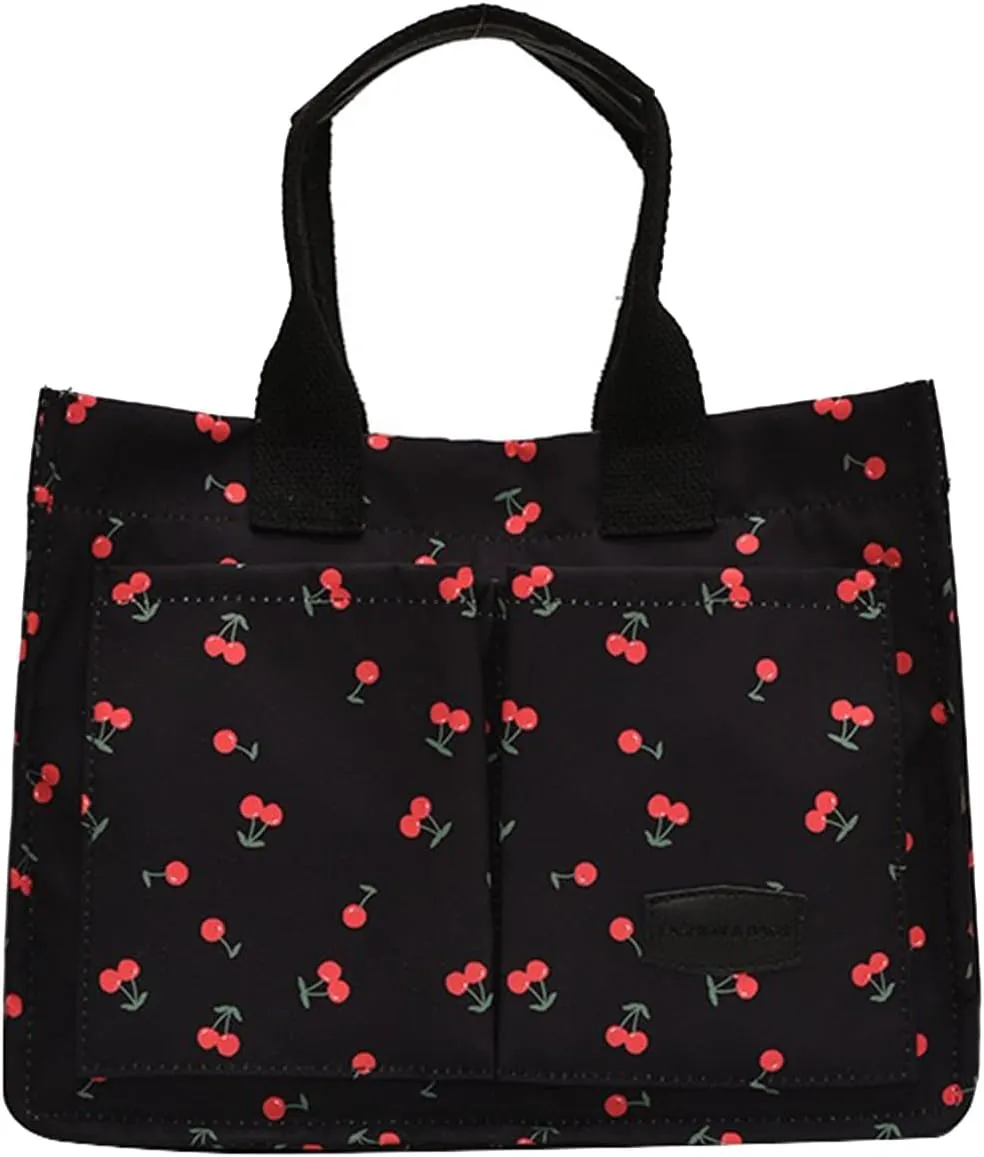 Cherry Tote Bag for Women Canvas Patched Purse Cute Shoulder Bag Multi-Pocket Satchel Handbag for work travel