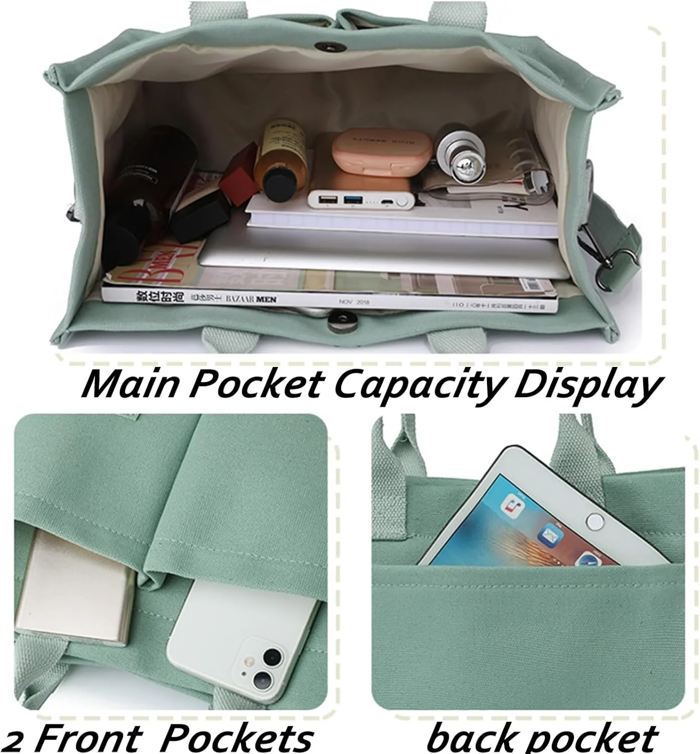 Cherry Tote Bag for Women Canvas Patched Purse Cute Shoulder Bag Multi-Pocket Satchel Handbag for work travel