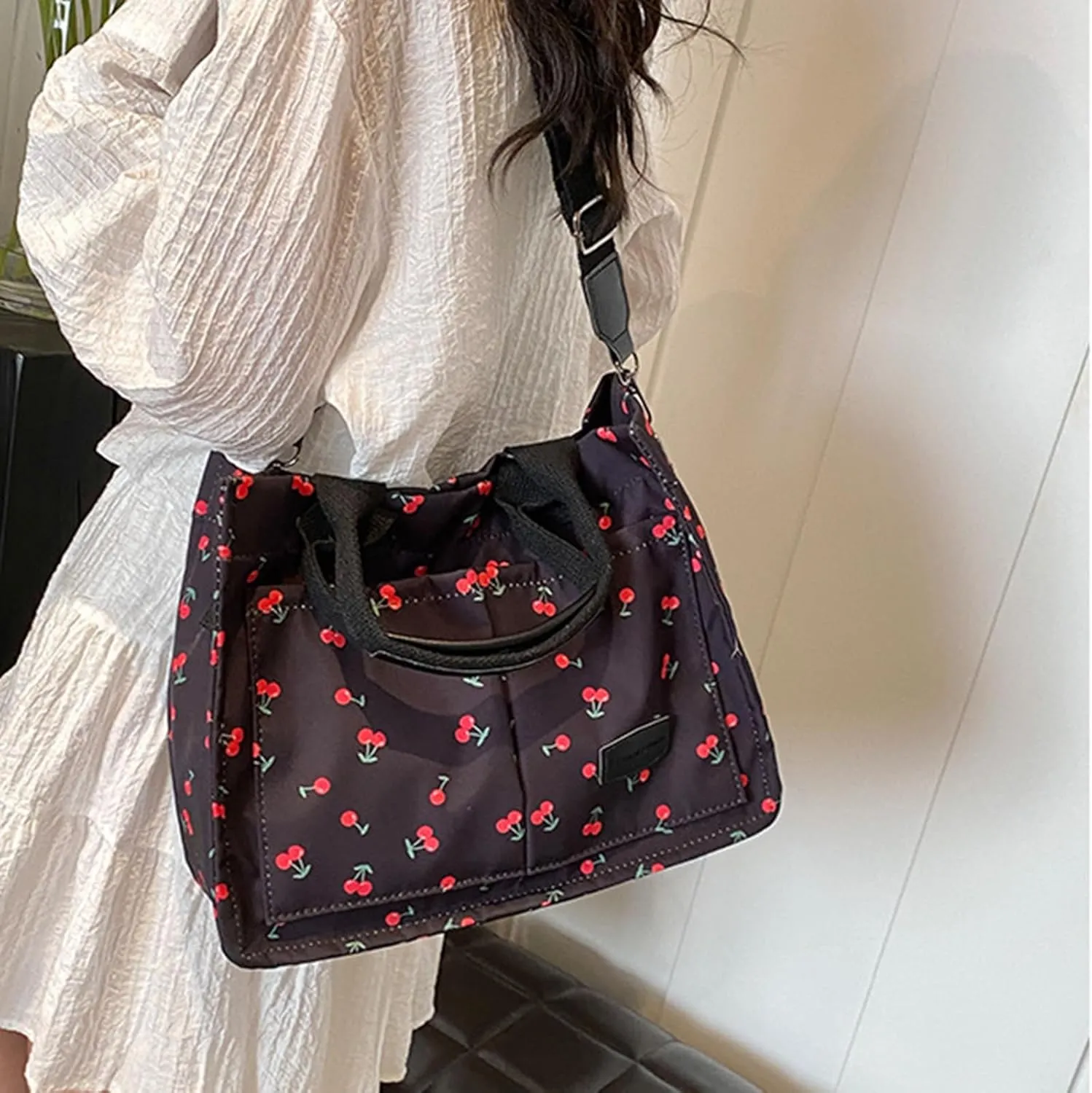 Cherry Tote Bag for Women Canvas Patched Purse Cute Shoulder Bag Multi-Pocket Satchel Handbag for work travel