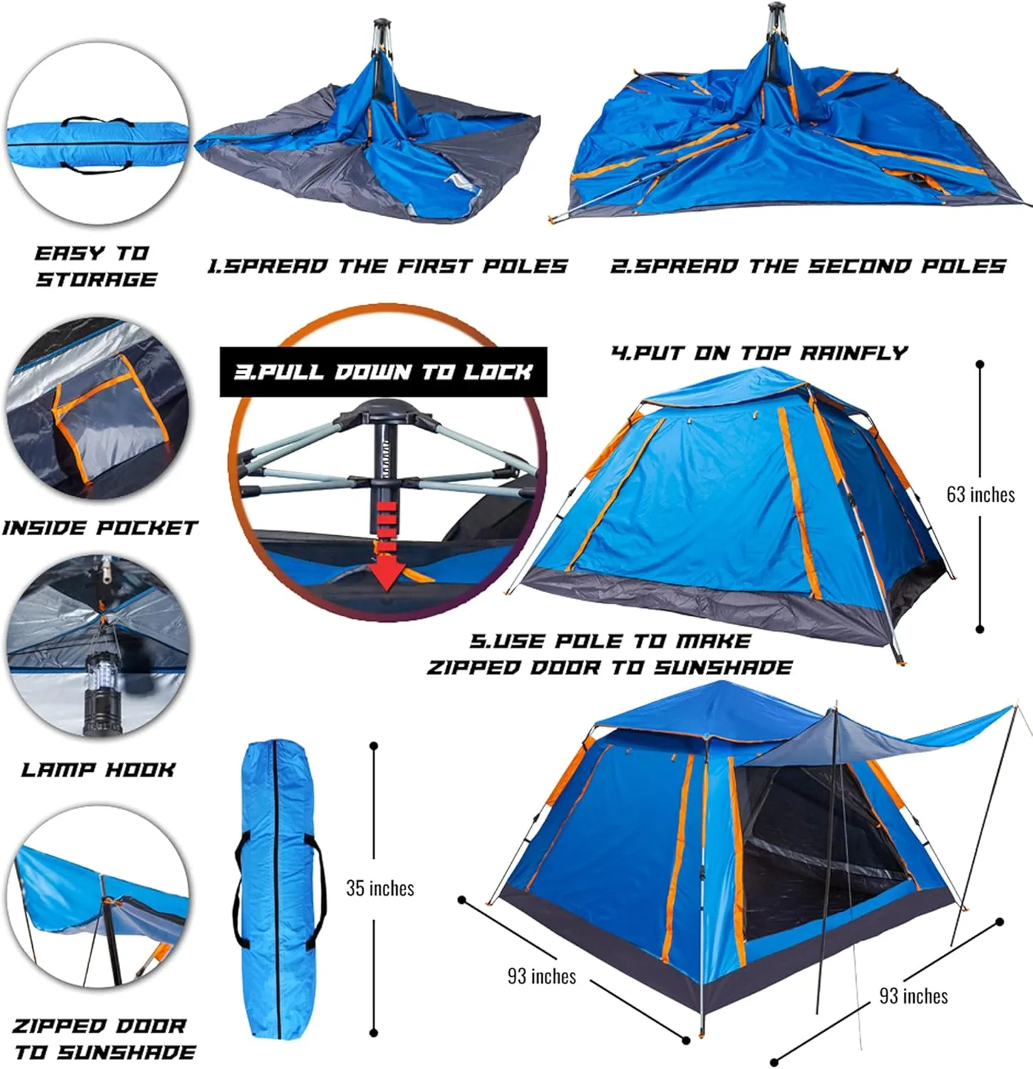 cho Pop up Tent for Camping for 4 Person Tent Large Beach Tent Portable Family Camping Light Weight Tent for Backpacking Hiking Traveling with Sun Shade