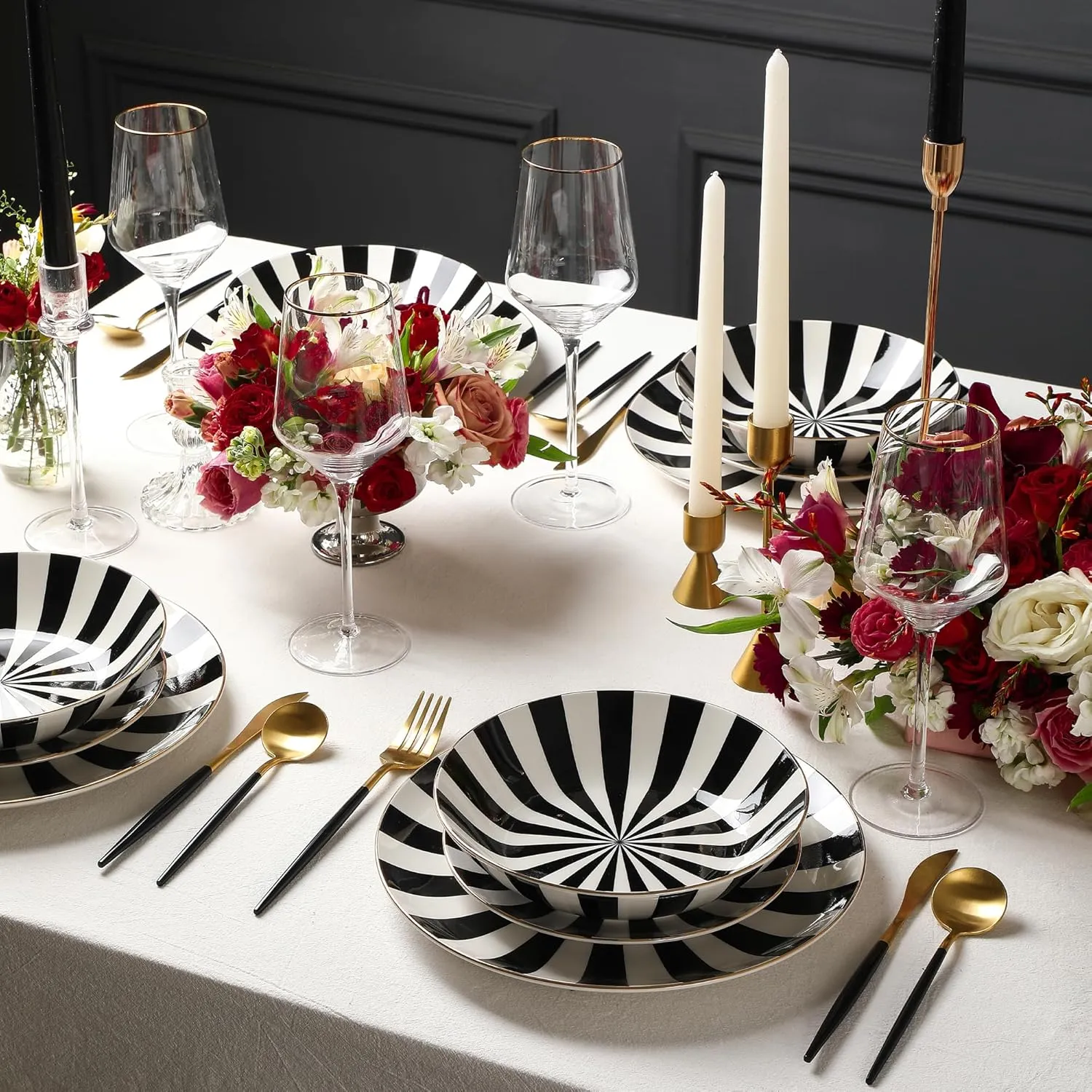 Christian Siriano Empire Porcelain Dinnerware, 12-Piece Plates and Bowls Set, Black and White Dish Set for 4, Gold Trim, Hand Wash Only